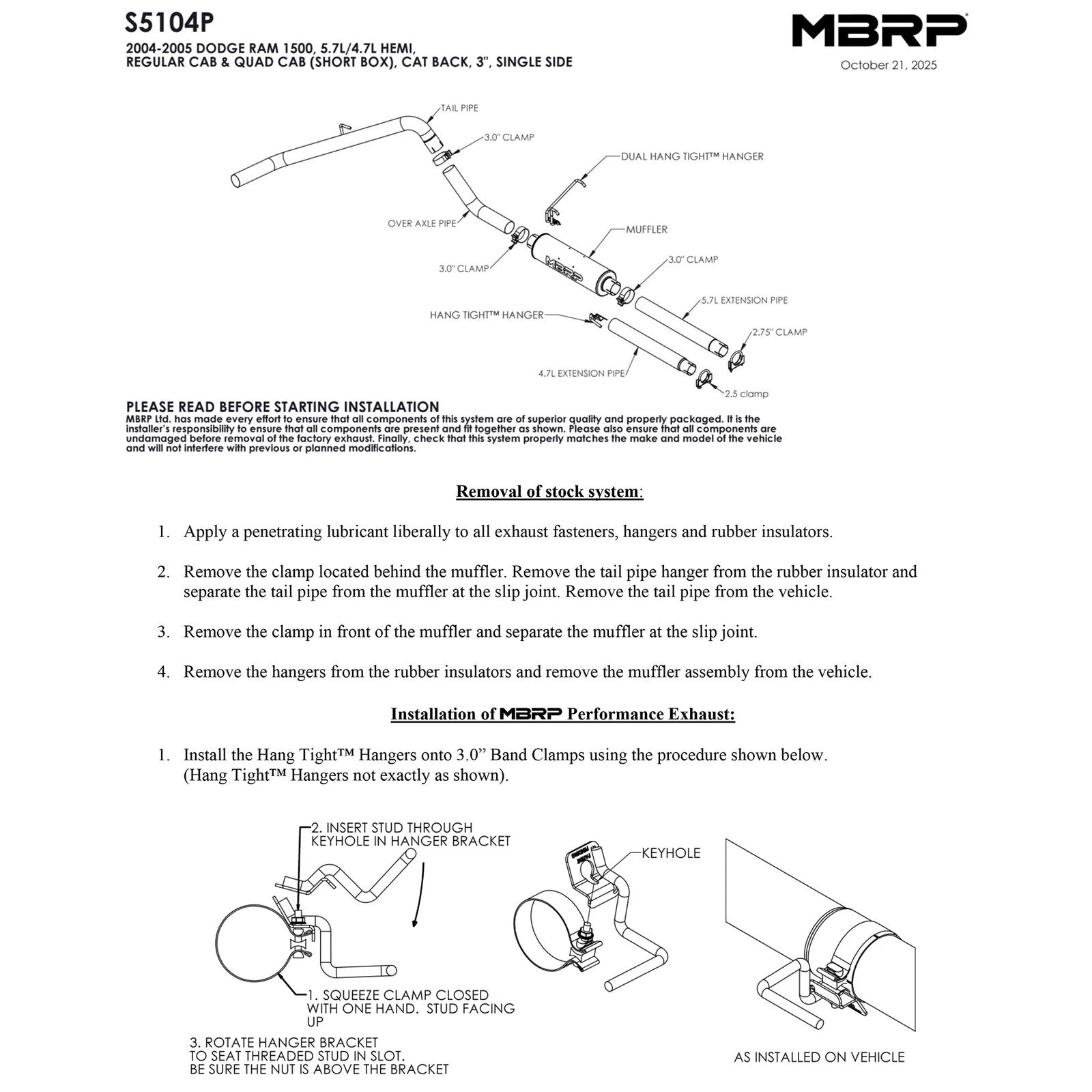 MBRP 3in AL P Series Cat-Back Single Side Exhaust | Dodge Ram 1500 Hemi 5.7L (04-05) (S5104P)