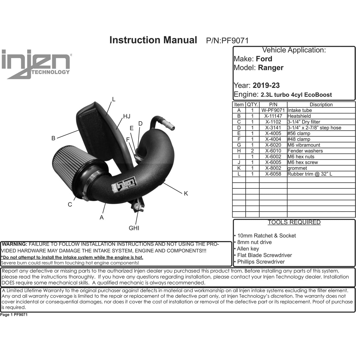 Injen 2.3L Turbo Wrinkle Black PF Cold Air Intake | Ford Ranger (11-23) (PF9071WB)