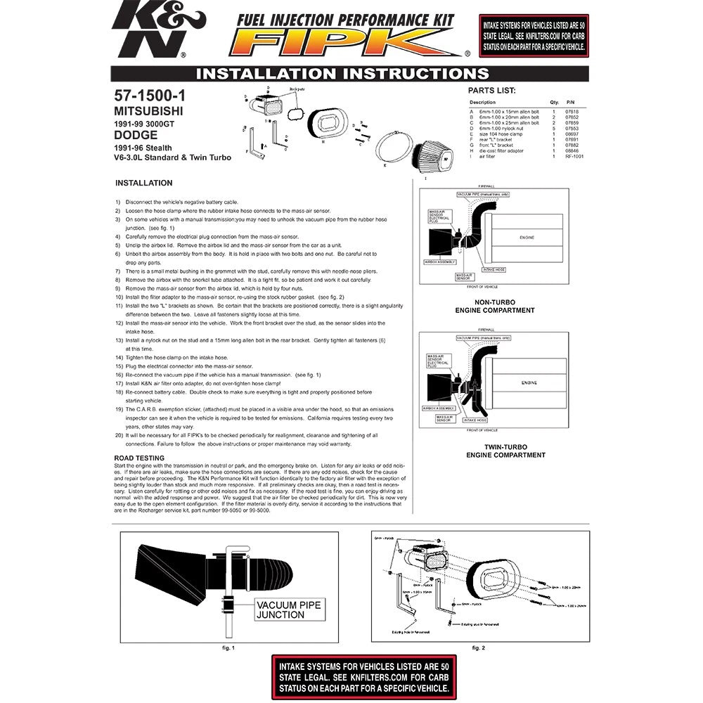 K&N Engineering Performance Intake Kit: Dodge Stealth 1991 - 1999 / Mitsubishi 3000GT V6-3.0L