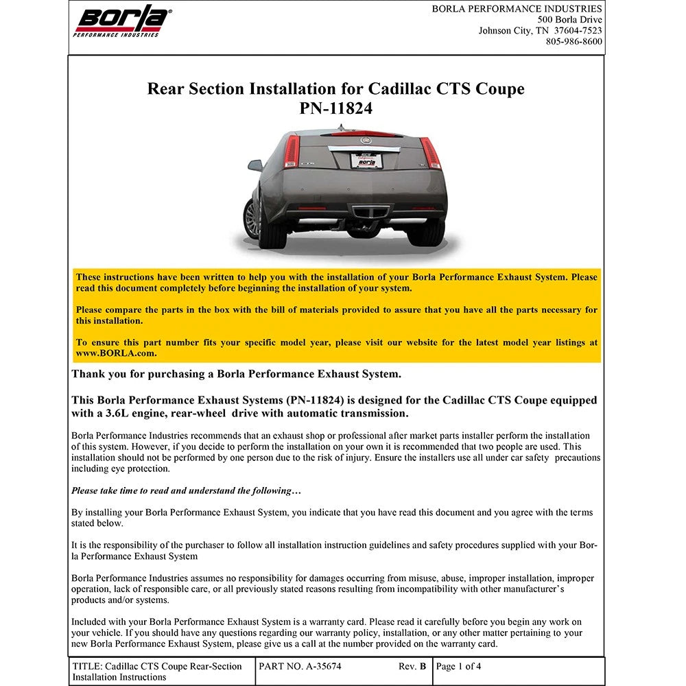 Borla Axle-Back Exhaust System - S-Type | 2011-2014 Cadillac CTS Coupe Automatic 3.6L (11824)
