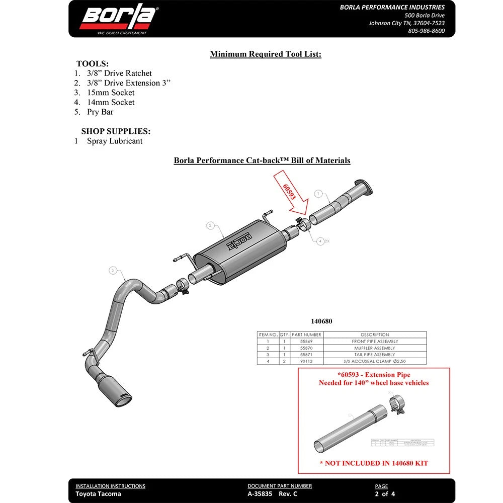 Borla Cat-Back Exhaust System - S-Type | 2016-2020 Toyota Tacoma Crew Cab Pickup 3.5L (140680)
