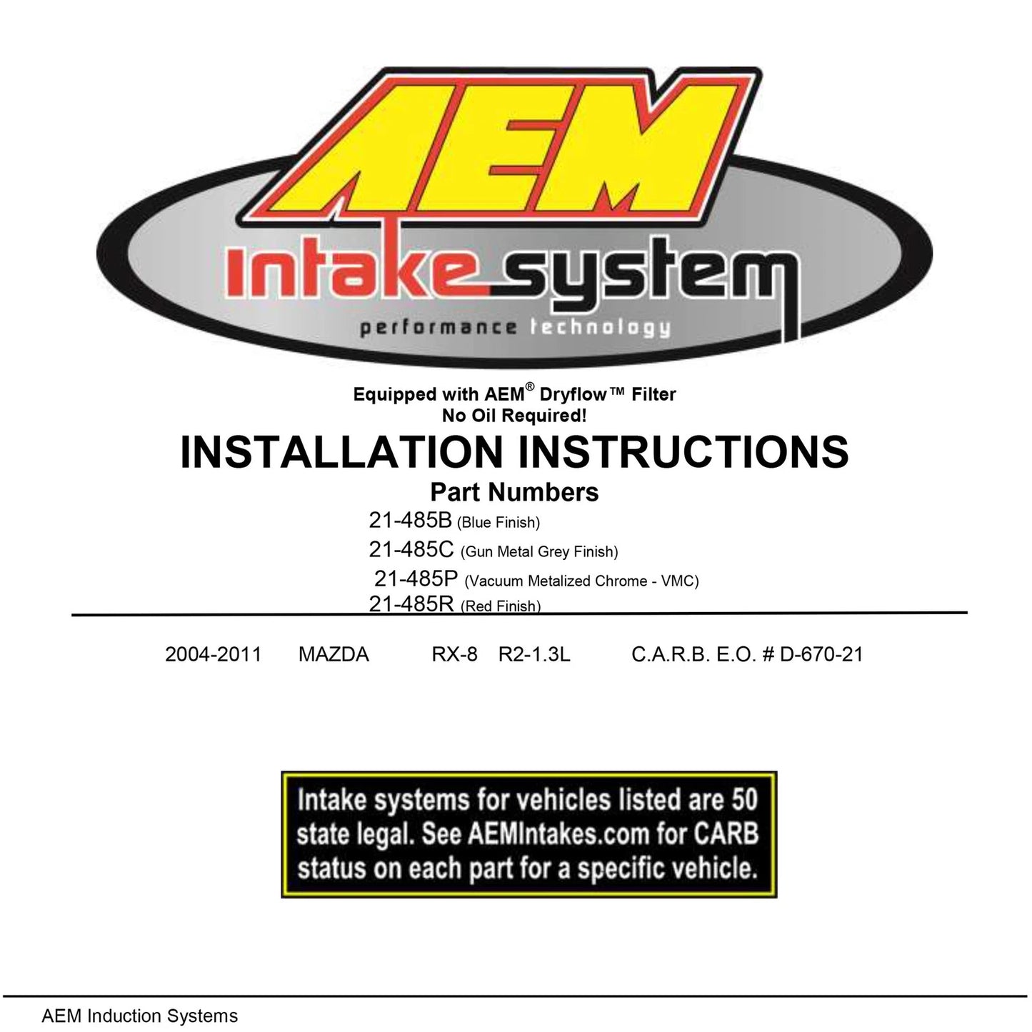 AEM Cold Air Intake System | 2004-2008 Mazda RX-8 (21-485C)