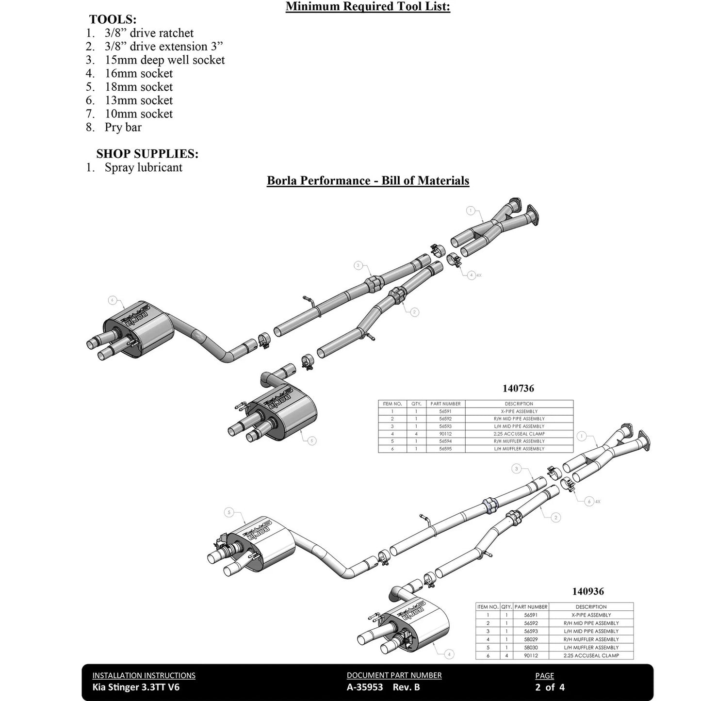 Borla 2.25in Dual Split Rear Exit S-Type Cat-Back Exhaust | Kia Stinger (22-23) (140936)