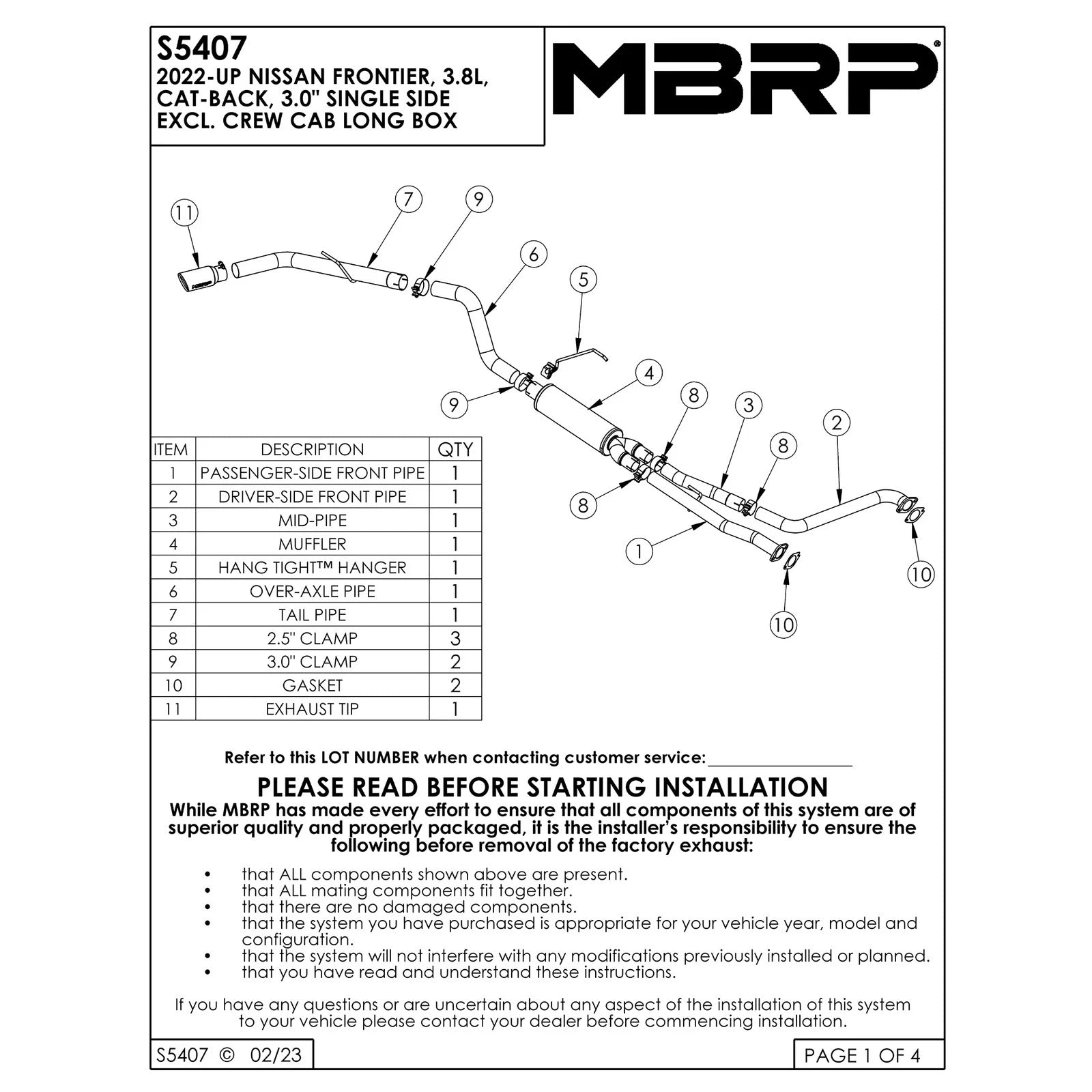 MBRP 3in Tip 3in Cat Back Single Side Exit Street Profile | Nissan Frontier (22-23) (S5407BLK)