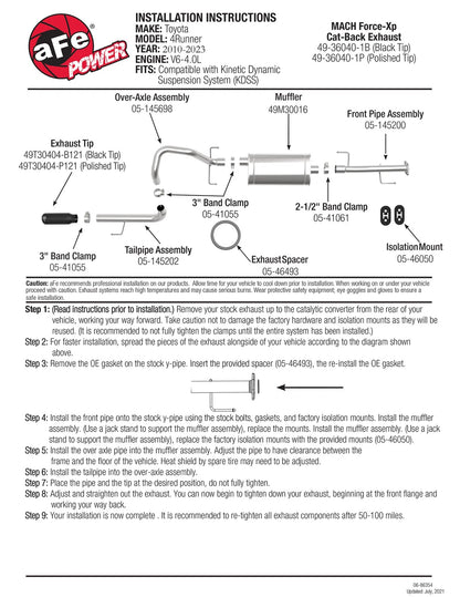 aFe 2-1/2in SS Cat-Back Exhaust | Toyota 4Runner V6 (10-19) (49-36040-1B)