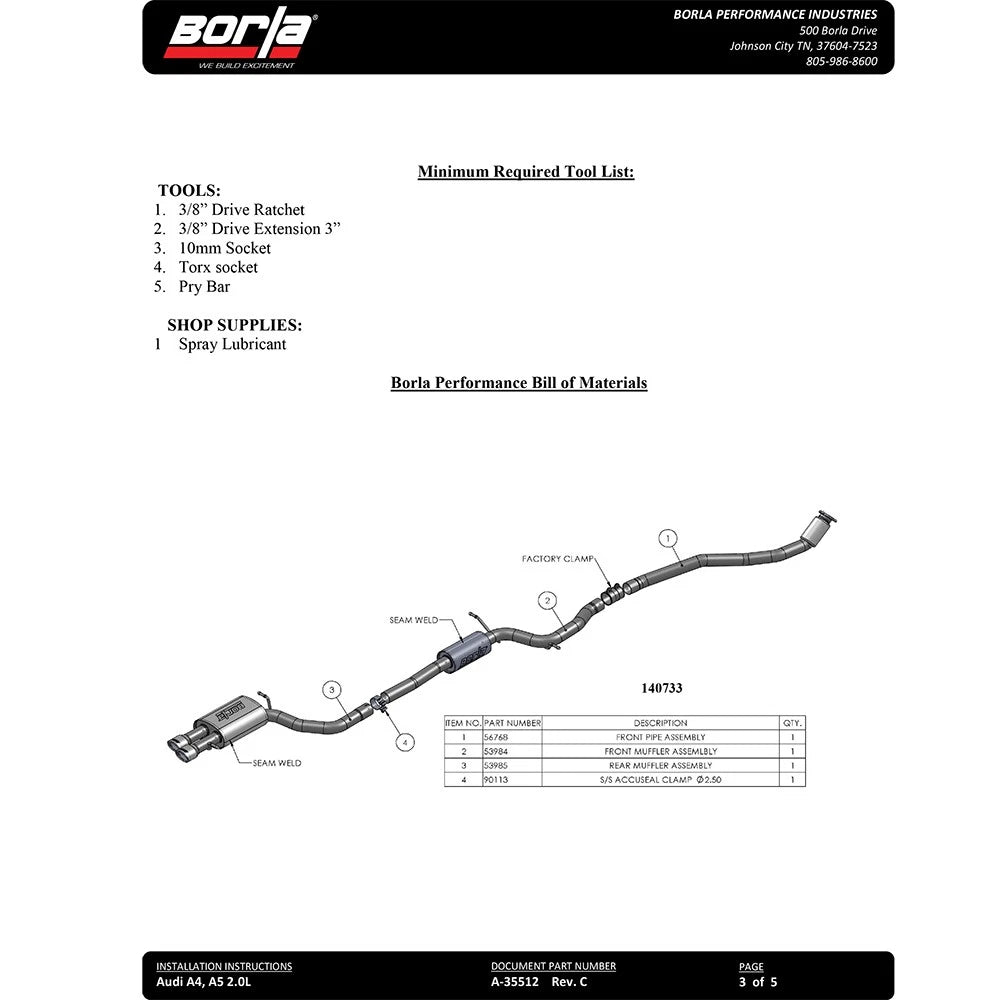 Borla Cat-Back Exhaust System - S-Type | 2010-2016 Audi A5 Quattro 2.0L (140733)