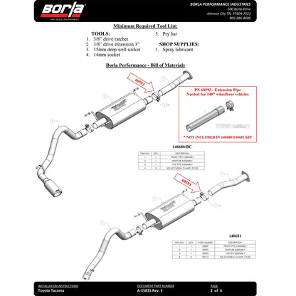 Borla 140681 S-Type Stainless Cat Back Exhaust System for 2016-23 Tacoma 3.5L V6