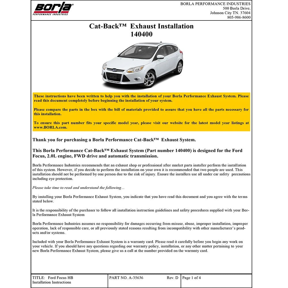 Borla Cat-Back Exhaust System - S-Type | 2012-2018 Ford Focus Hatchback 2.0L (140400)