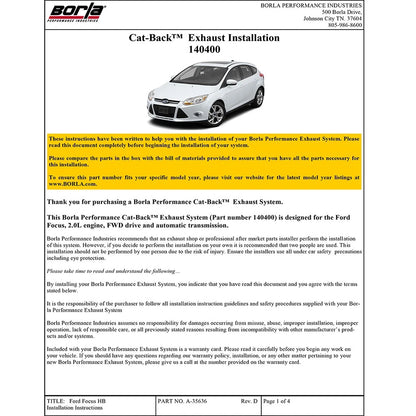 Borla Cat-Back Exhaust System - S-Type | 2012-2018 Ford Focus Hatchback 2.0L (140400)