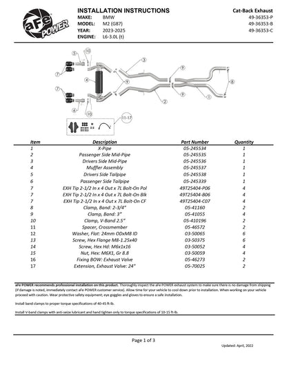 aFe MACH Force-Xp 3-2-1/2 IN SS Cat-Back Exhaust | BMW M2 G87 (23-25) (49-36353-C)