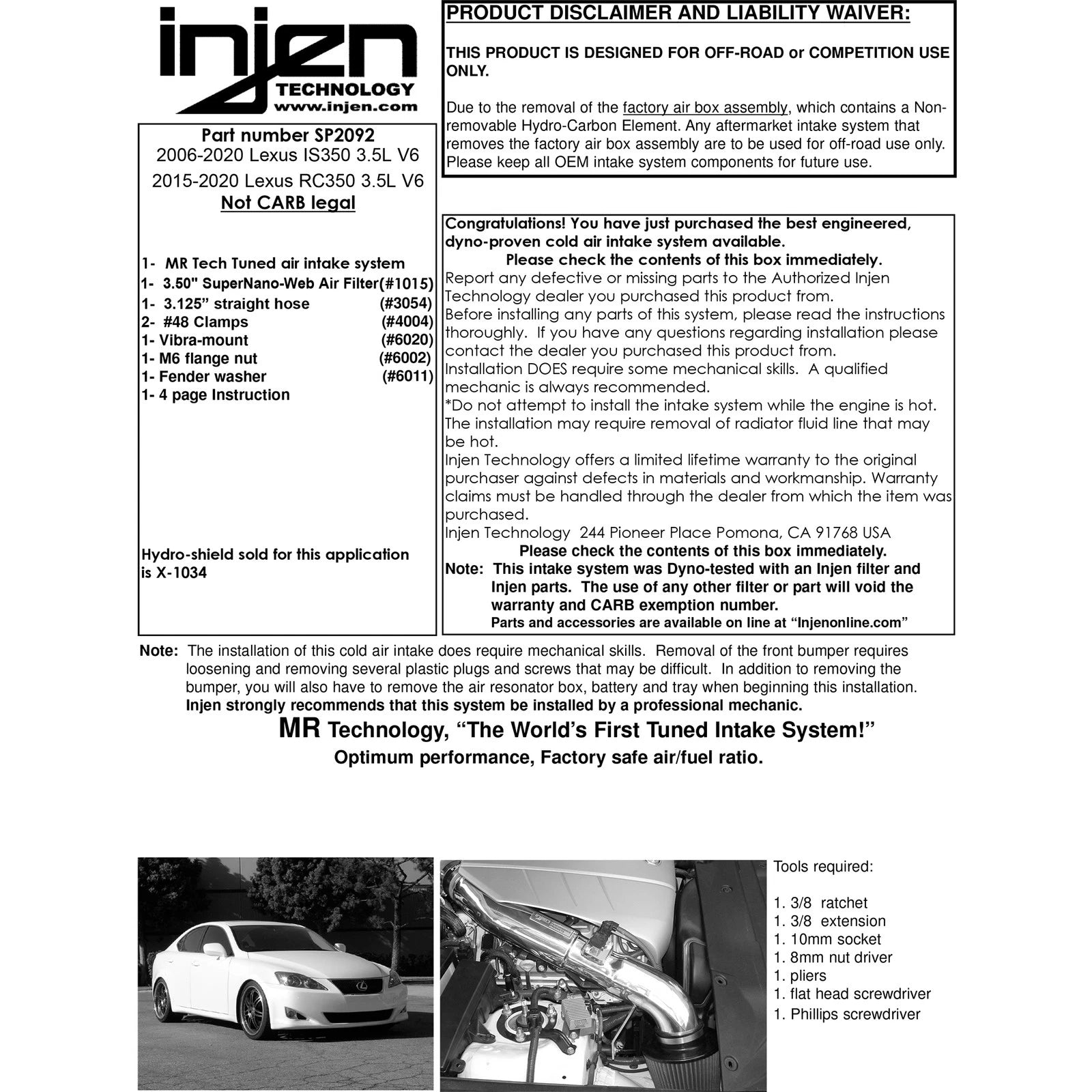 Injen Short Ram Intake | Lexus IS350 / GS460 / GS450h / IS500 / RC350 (05-26) (SP2092BLK)