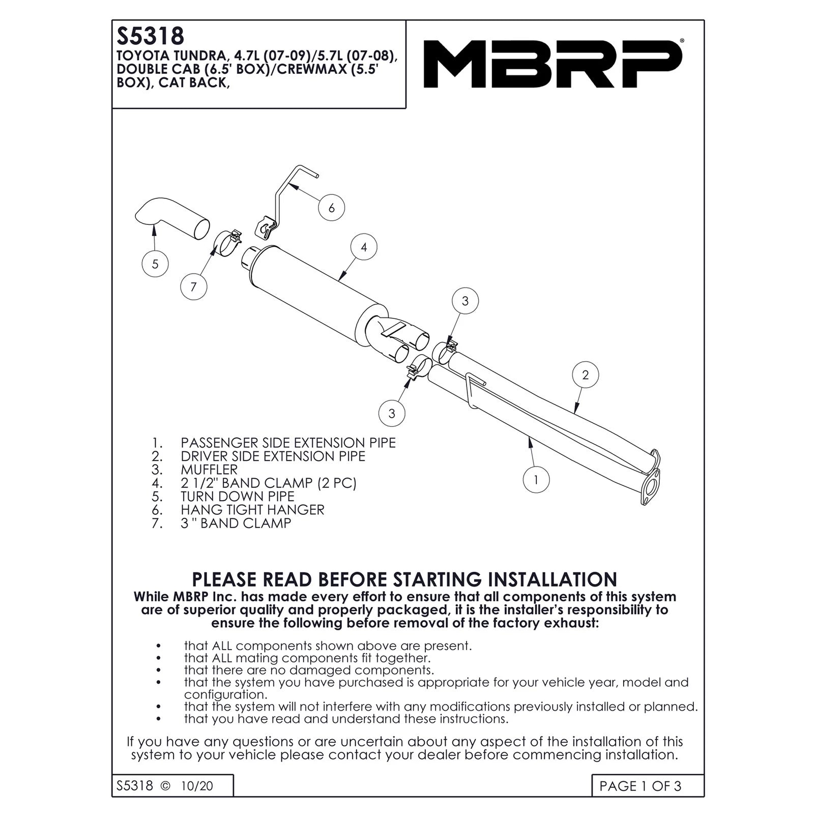 MBRP 2.5in Cat-Back Aluminized Exhaust w/ 3in Turn Down | Toyota Tundra (07-08) (S5318AL)