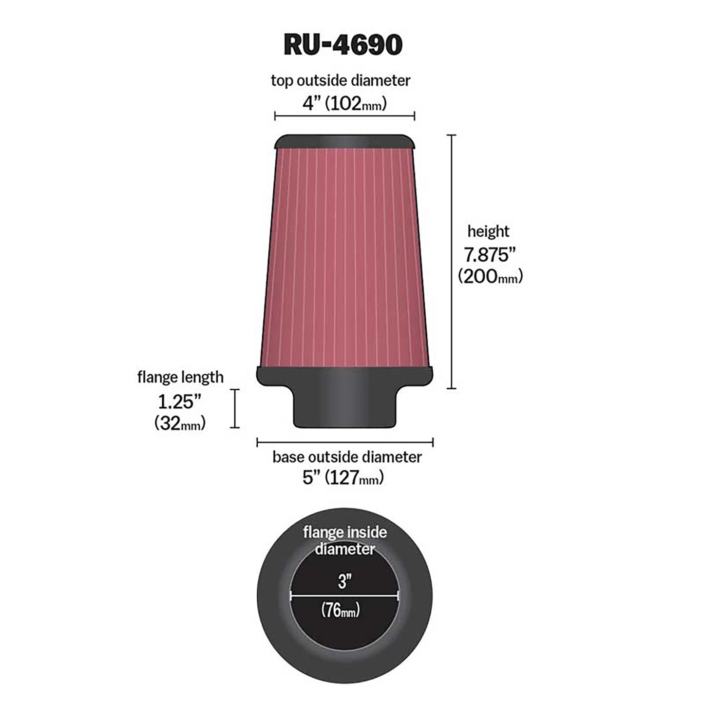 K&N RU-4690 Universal Round Tapered Performance Washable Air Filter for Intake