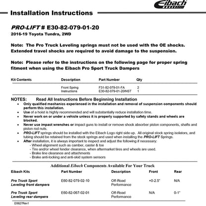 Eibach Pro-Lift-Kit Springs for 2016-2021 Toyota Tundra RWD