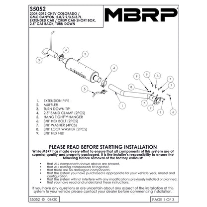 MBRP 2.5in Cat-Back Pre-Axle Turn Down Exhaust | Chevy Colorado / GMC Canyon (04-12) (S5052AL)