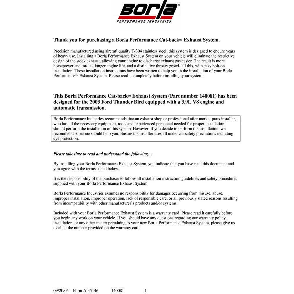 Borla Cat-Back Exhaust System - Touring | 2003-2003 Ford Thunderbird 3.9L (140081)