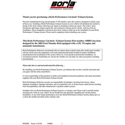 Borla Cat-Back Exhaust System - Touring | 2003-2003 Ford Thunderbird 3.9L (140081)