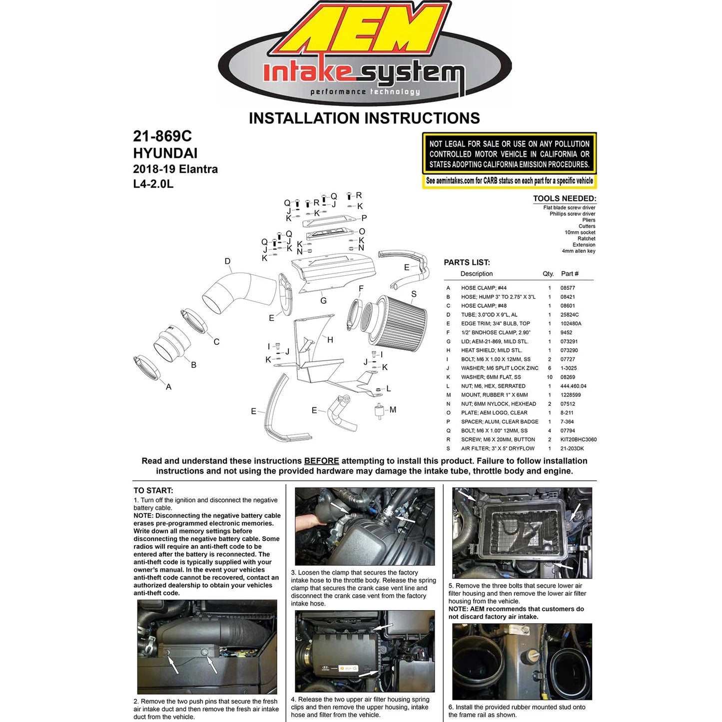 AEM 18-19 Hyundai Elantra L4-2.0L Cold Air Intake | Hyundai Elantra (18-19) (21-869C)
