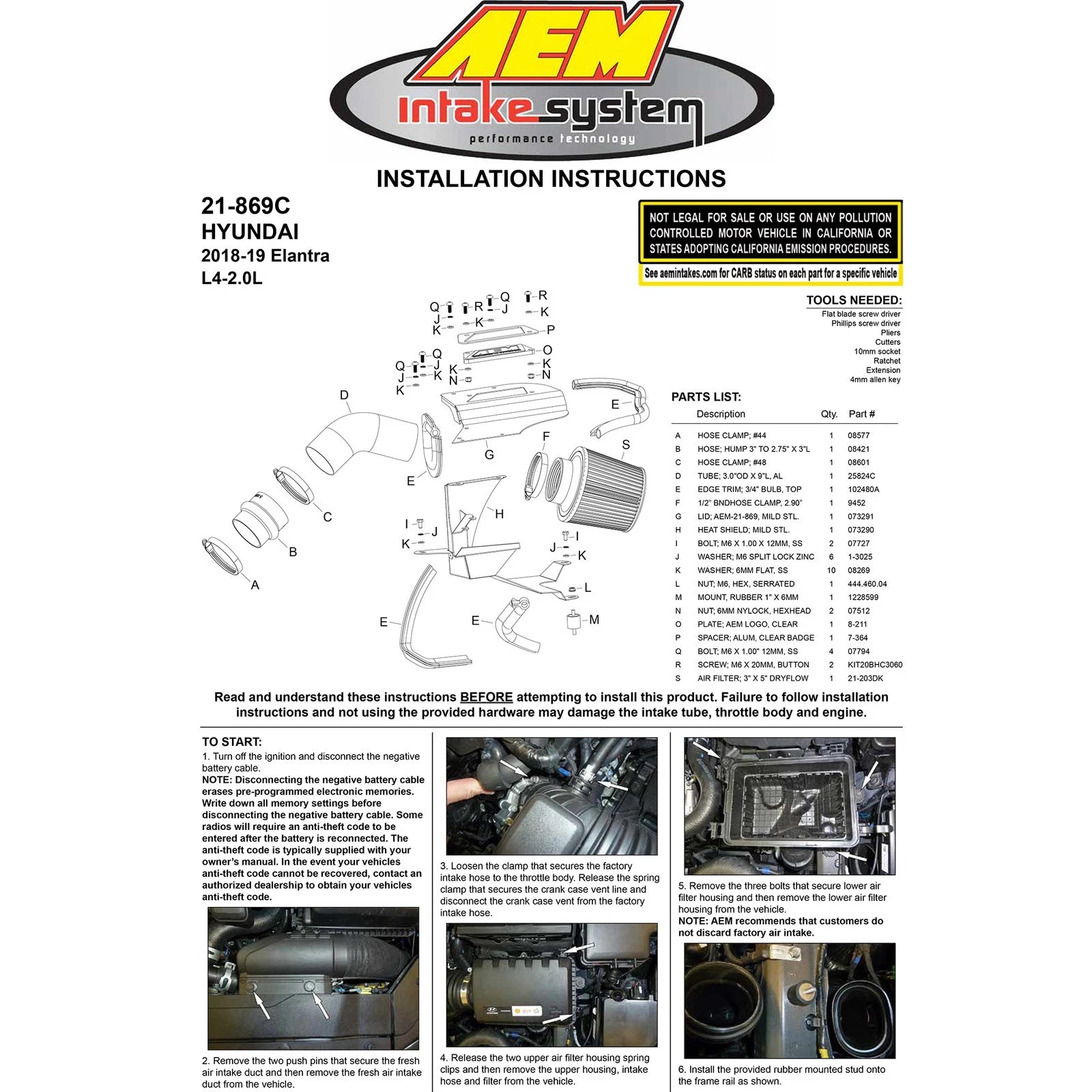 AEM 18-19 Hyundai Elantra L4-2.0L Cold Air Intake | Hyundai Elantra (18-19) (21-869C)