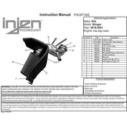 Injen Short Ram Intake System | Kia Stinger / Genesis G70 (17-24 / 17-26) (SP1355WR)