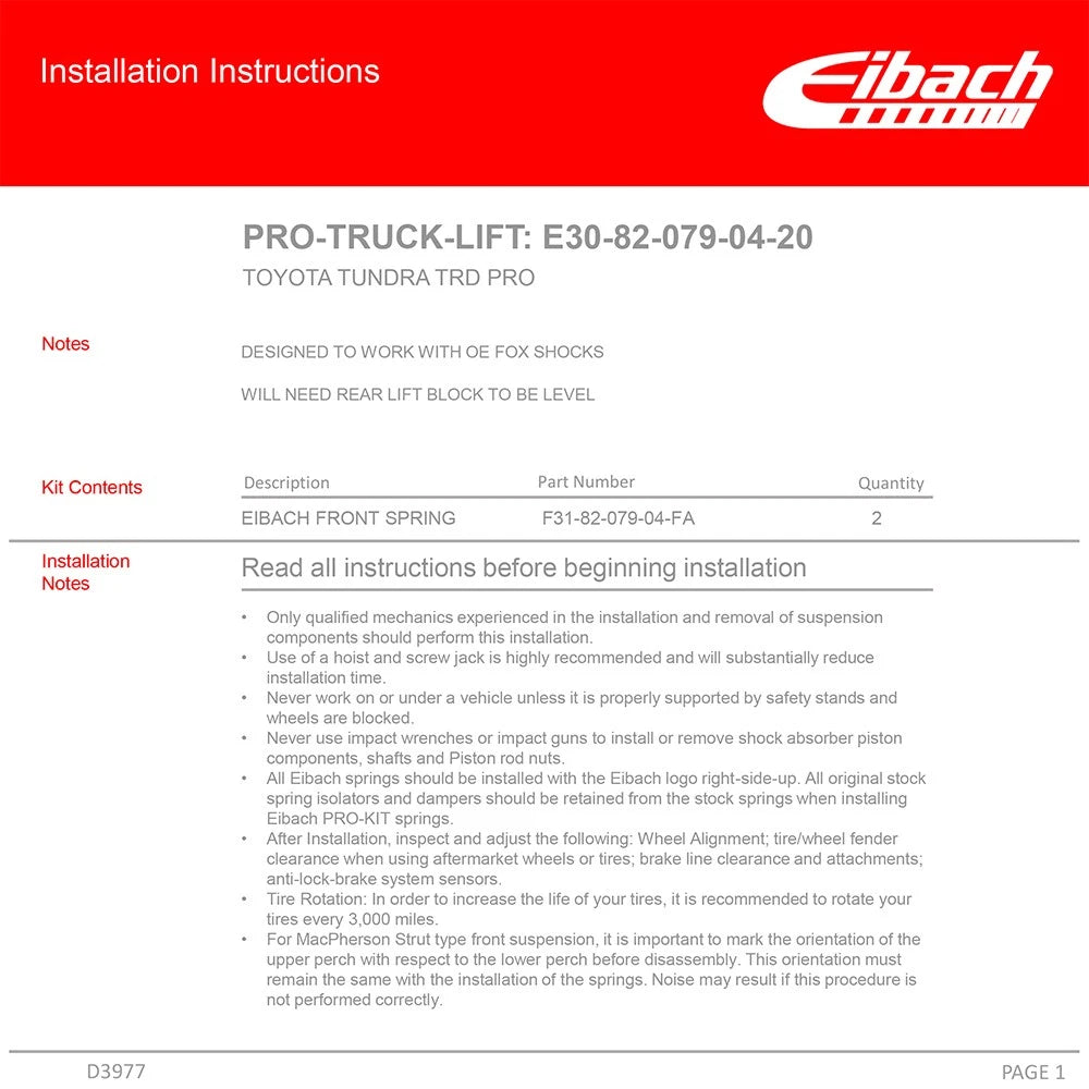 Eibach Pro-Lift Suspension Lift Kit for 2019-2021 Toyota Tundra