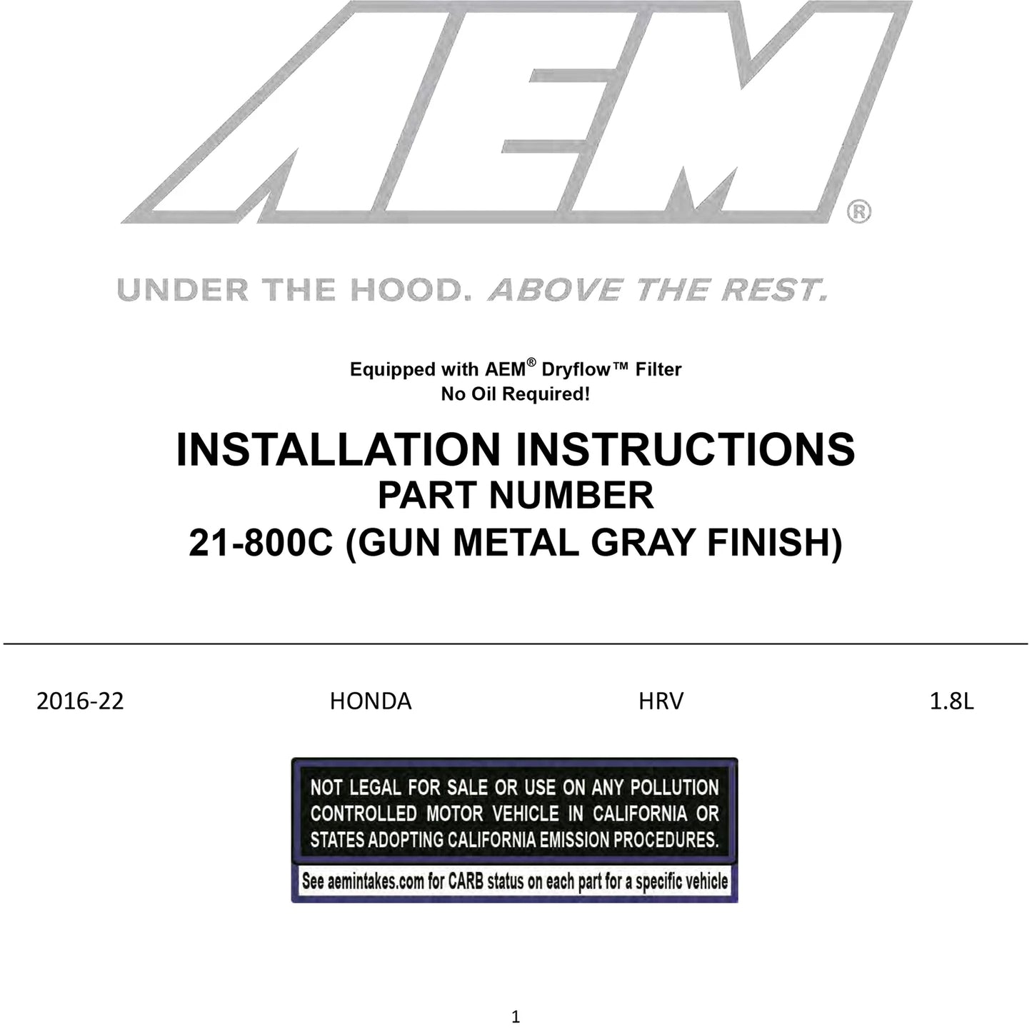 AEM 16 Honda HR-V L4-1.8L F/I Gunmetal Gray Cold Air Intake | Honda HR-V (16) (21-800C)