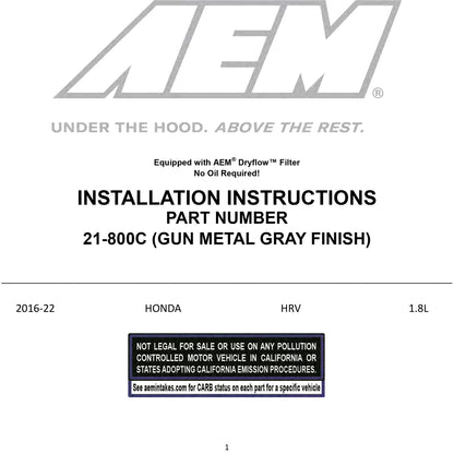 AEM 16 Honda HR-V L4-1.8L F/I Gunmetal Gray Cold Air Intake | Honda HR-V (16) (21-800C)