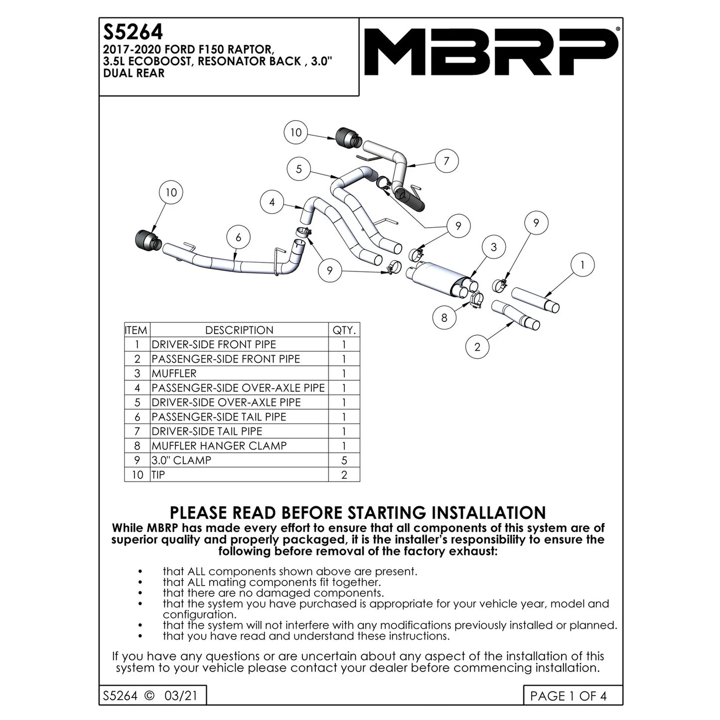 MBRP T409 3in Dual Rear Exit Resonator Back Exhaust | Ford F150 Raptor (17-20) (S5264409)