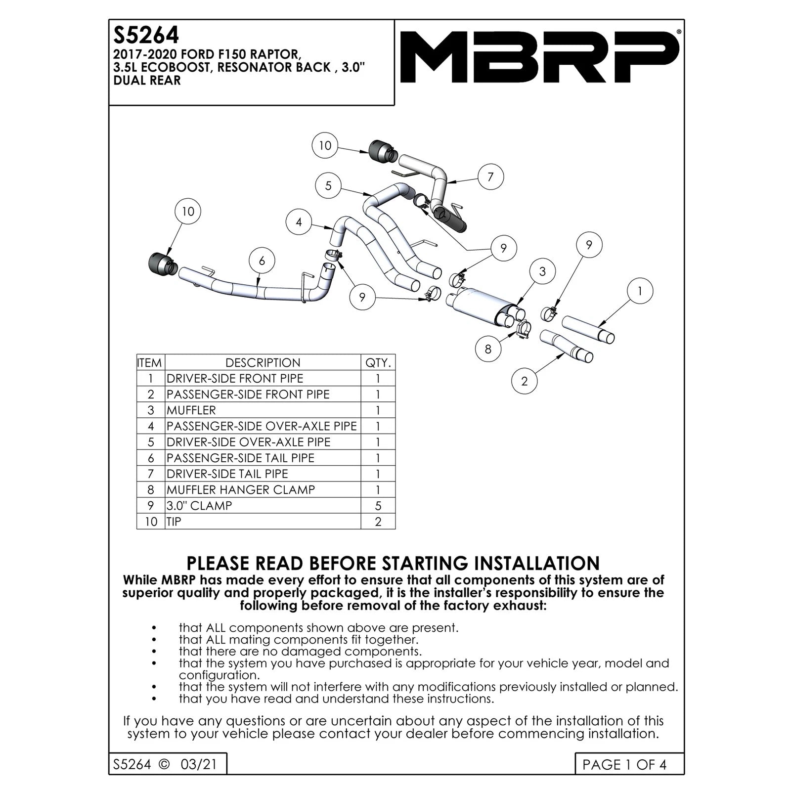 MBRP T409 3in Dual Rear Exit Resonator Back Exhaust | Ford F150 Raptor (17-20) (S5264409)
