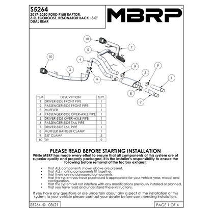 MBRP T409 3in Dual Rear Exit Resonator Back Exhaust | Ford F150 Raptor (17-20) (S5264409)