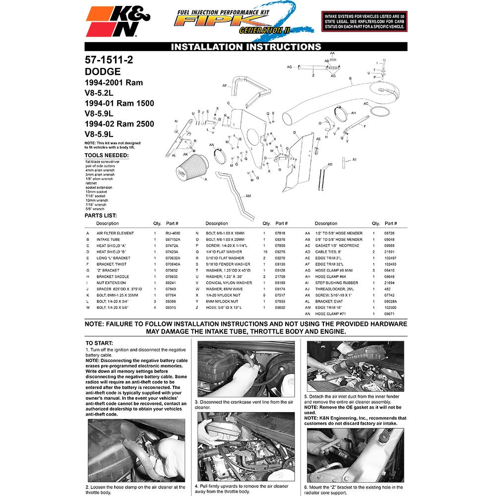 K&N 57 Series Performance Intake Kit | Dodge Ram Pickup V8 5.2L/5.9L (94-02) (57-1511-2)