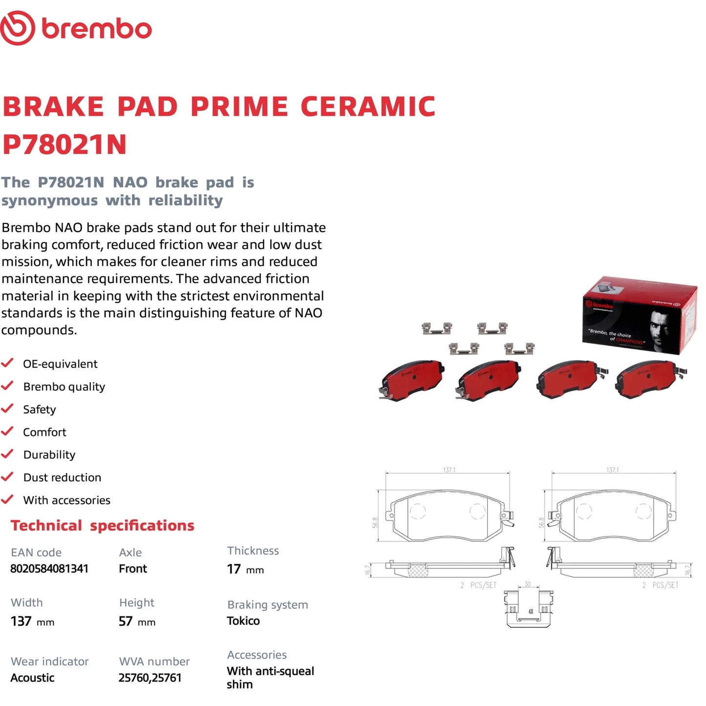 Brembo OEM Eqv Ceramic Front Brake Pads | Subaru/Scion (13-16/11-14) (P78021N)