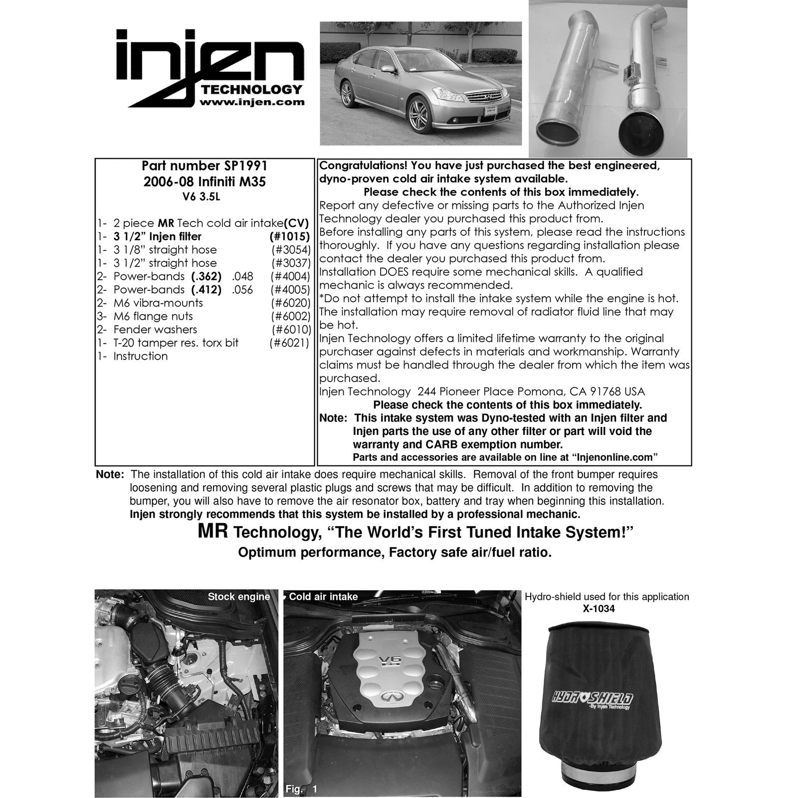 Injen Black Cold Air Intake System | Nissan M35 3.5 V6 (06) (SP1991BLK)