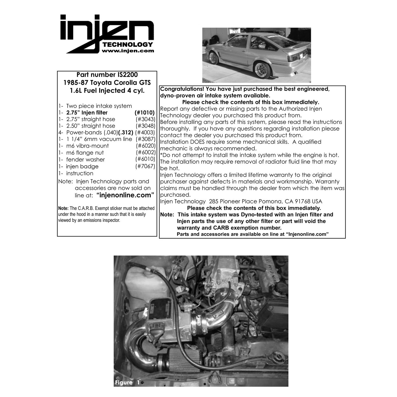 Injen Short Ram Cold Air Intake System | 1985 - 1987 Toyota Corolla (IS2200)