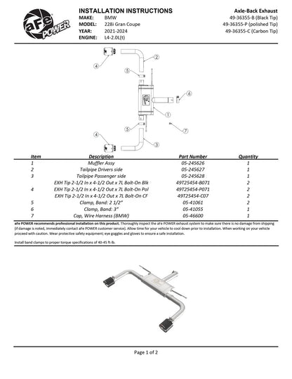aFe MACHForce XP Axle-Back Exhaust | BMW 228i 19-24 (SS w/HW) (49-36355-B)