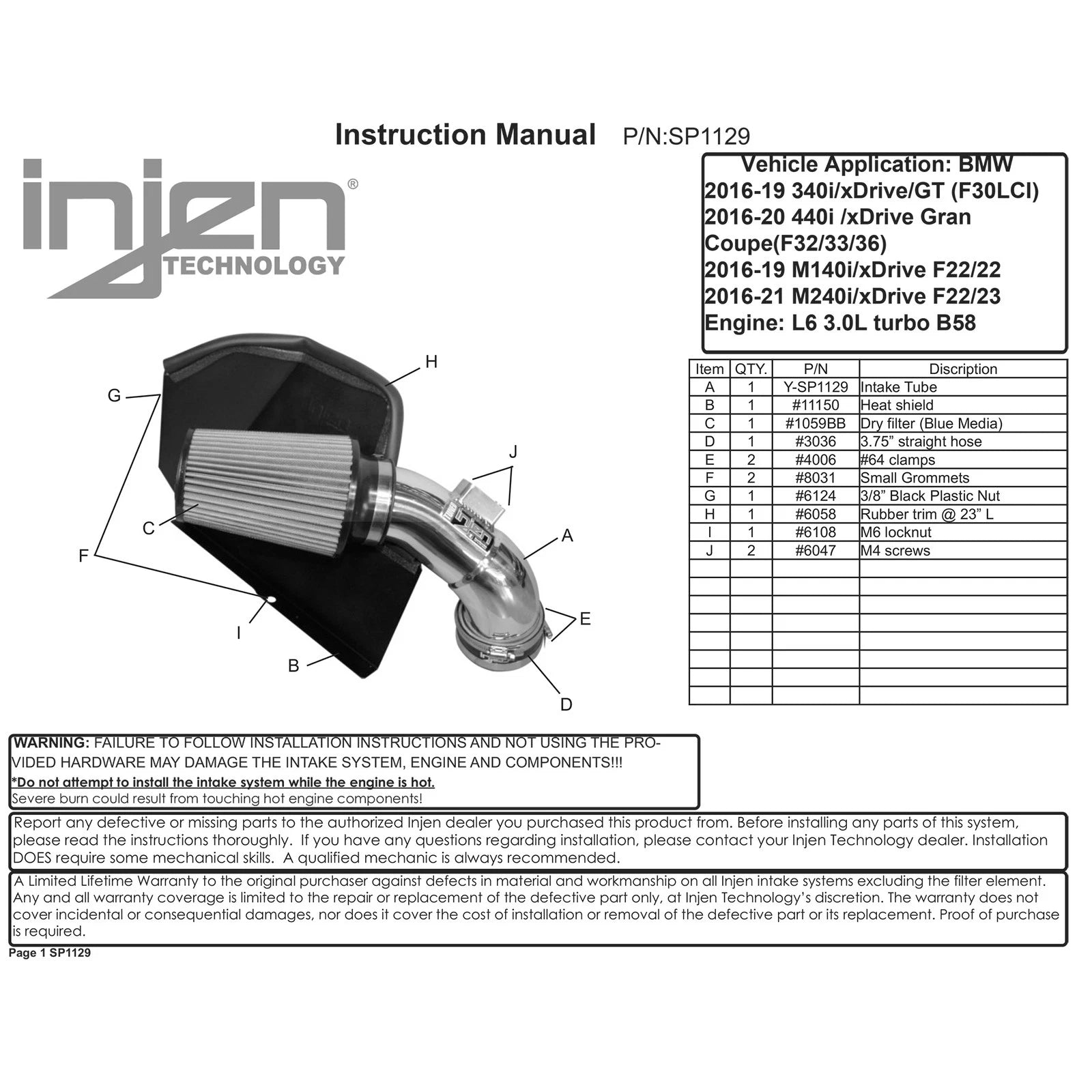 Injen Polished Cold Air Intake | BMW 3 Series (11-19) / 4 Series (13-21) / 2 Series (13-21) / 4 Series Gran Coupe (14-21) / G22/G23 (20-24) (SP1129P)