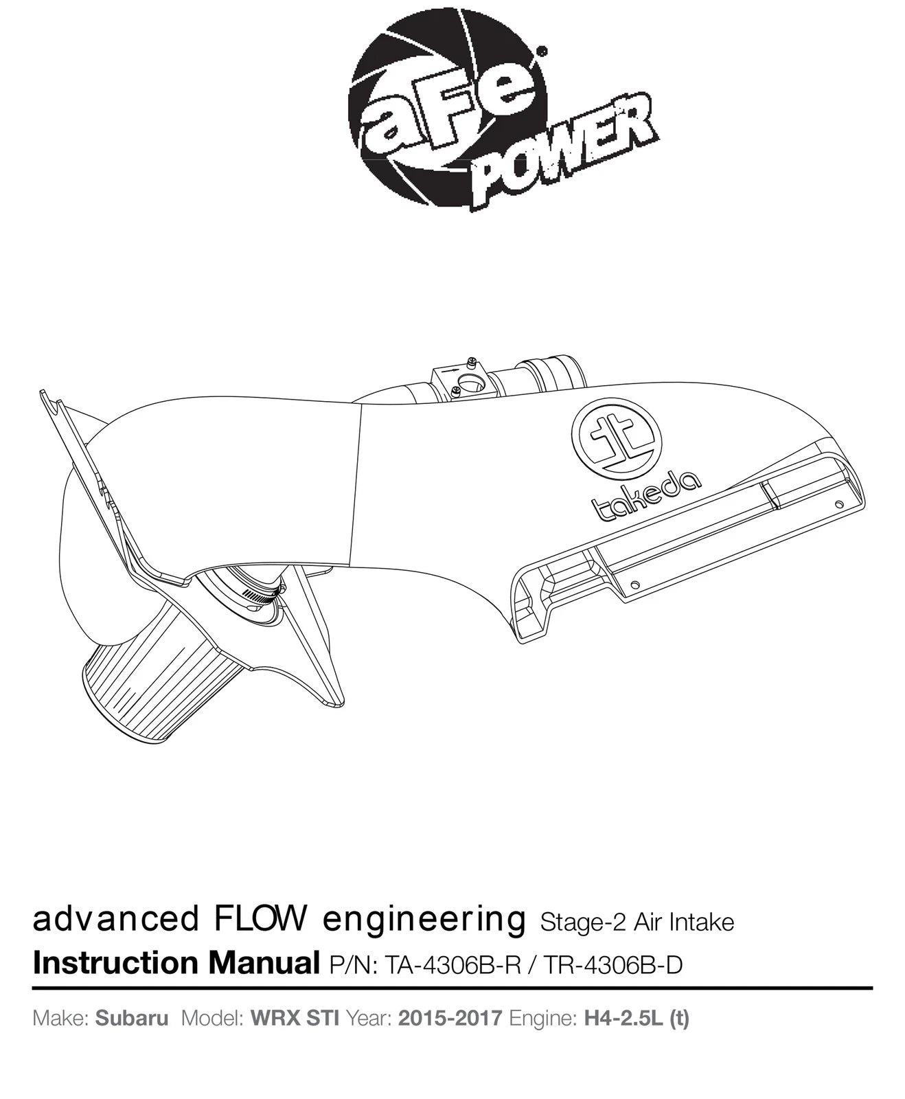 aFe Takeda Stage 2 Pro Dry S Cold Air Intake System | Subaru STI H4-2.5L (15-17) (TA-4306B-D)
