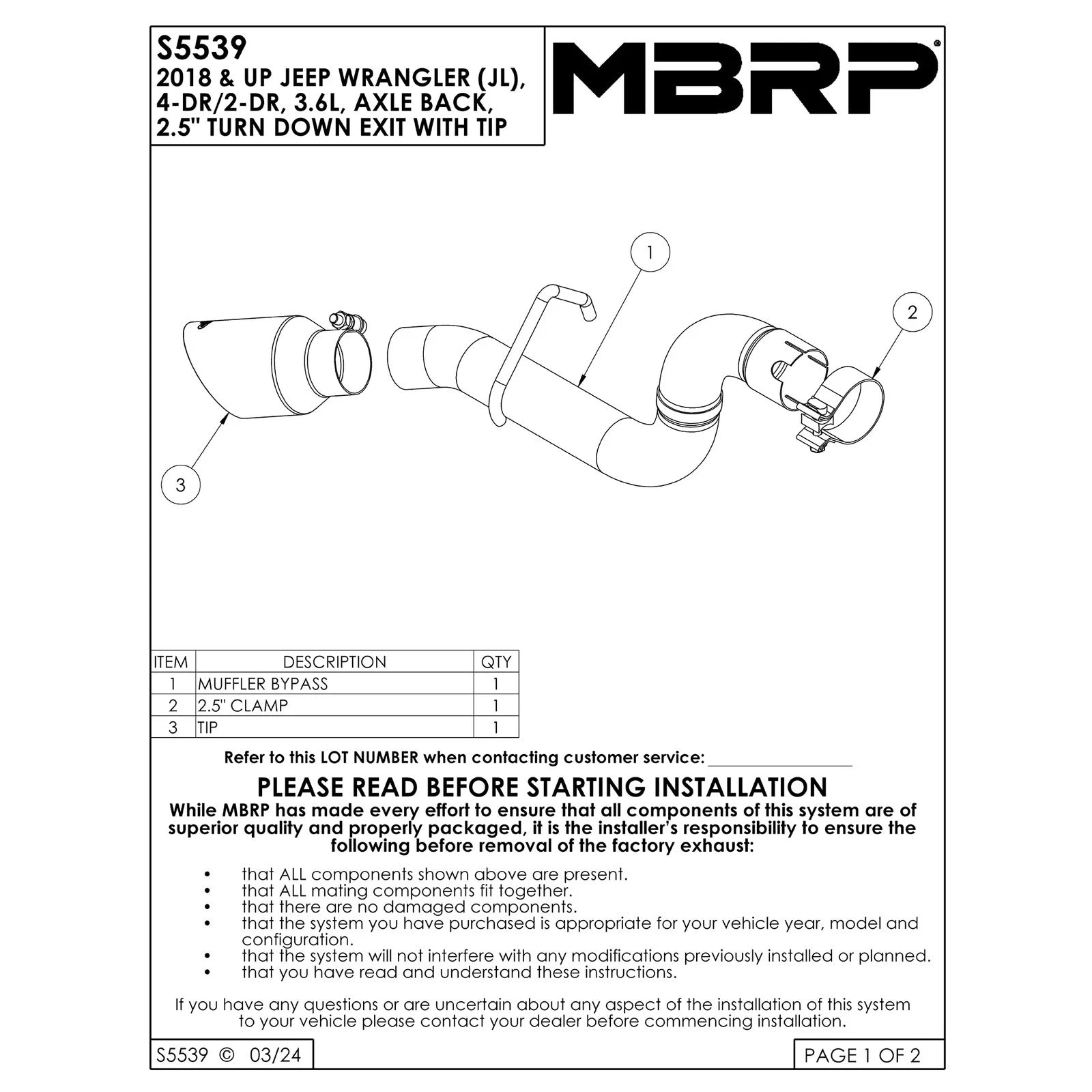 MBRP Armor Plus T409 SS Axle-Back Turn Down Jeep Wrangler 3.6L (S5539409BT)