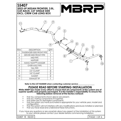MBRP 3in Tip 3in Cat Back Single Side Exit Street Profile | Nissan Frontier (22-23) (S5407AL)