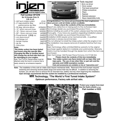 Injen Black Cold Air Intake System | Honda Civic Si Coupe / Sedan (06-09) (SP1578BLK)