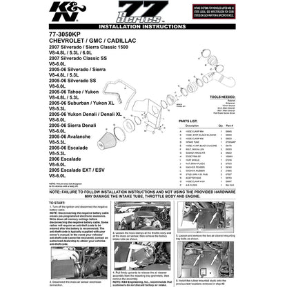 K&N High Flow Performance Kit | Chevrolet/GMC Pickup & SUV V8 (05) (77-3050KP)