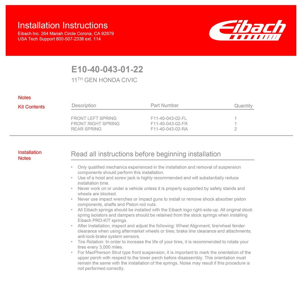 Eibach Pro-Kit Lowering Springs | 2022-2023 Honda Civic Hatch Base (E10-40-043-01-22)