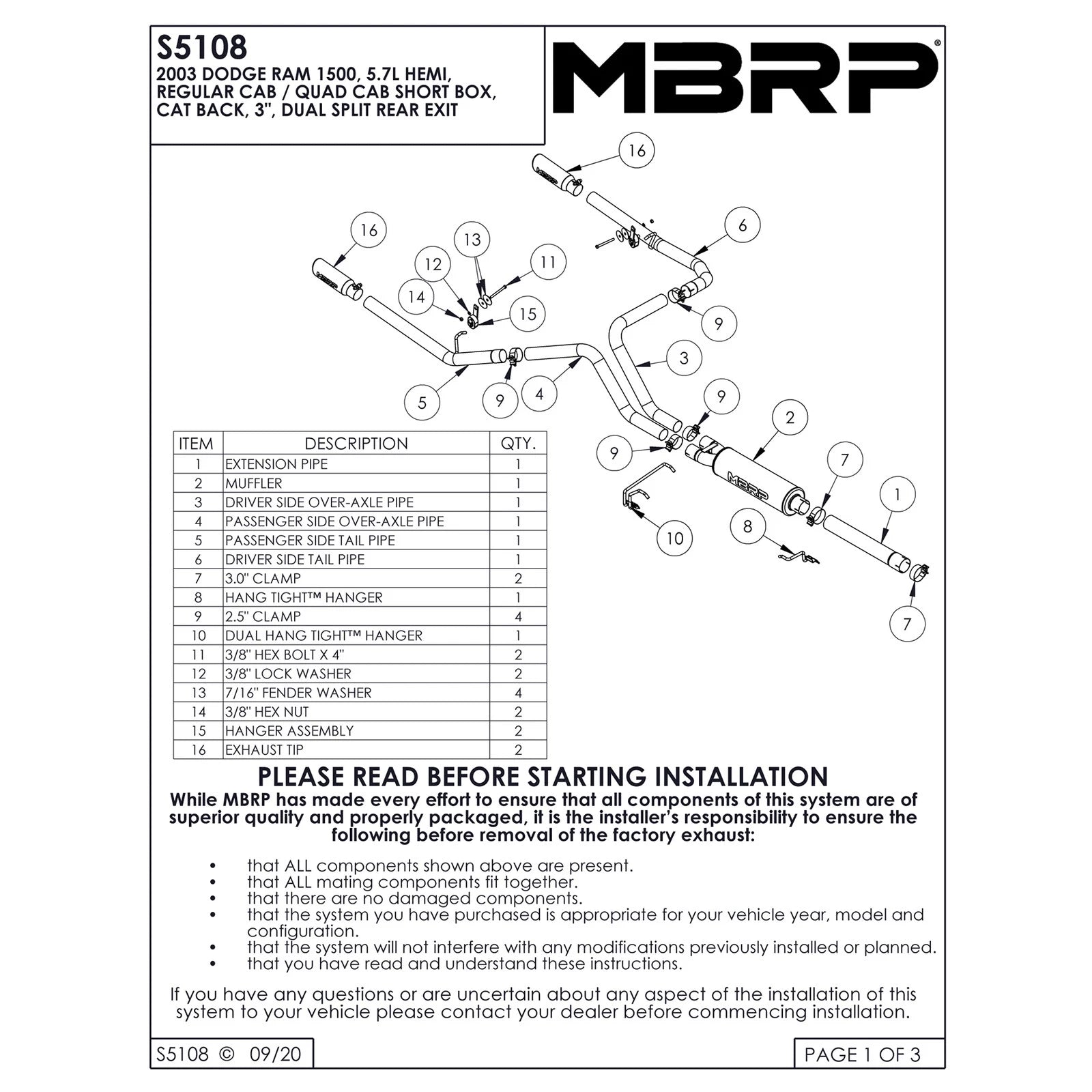 MBRP 3in. Cat-Back Dual Split Rear Exit Exhaust | Dodge Ram 1500 Hemi 5.7L SC/CC-SB (03) (S5108409)