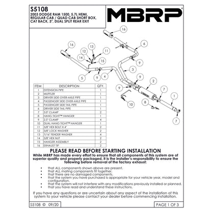MBRP 3in. Cat-Back Dual Split Rear Exit Exhaust | Dodge Ram 1500 Hemi 5.7L SC/CC-SB (03) (S5108409)