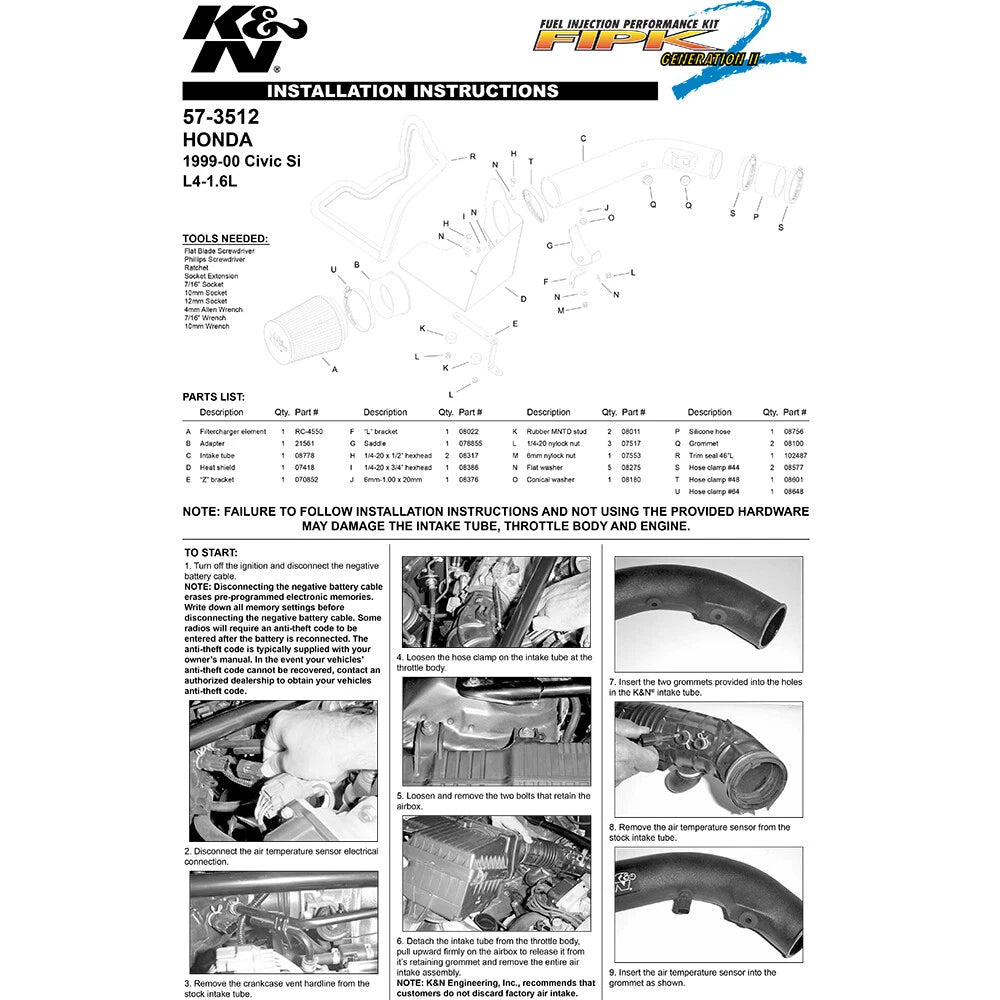 K&N Engineering Performance Intake Kit: Honda Civic Si 1999 - 2000