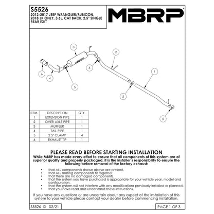 MBRP 2.5in. Alum Cat-Back Single Rear Exit Exhaust | Jeep Wrangler/Rubicon 3.6L (S5526AL)