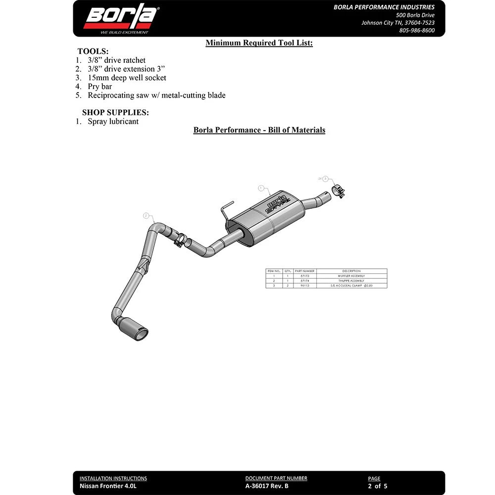 Borla Cat-Back Exhaust System - S-Type | 2005-2019 Nissan Frontier 4.0L (140802)