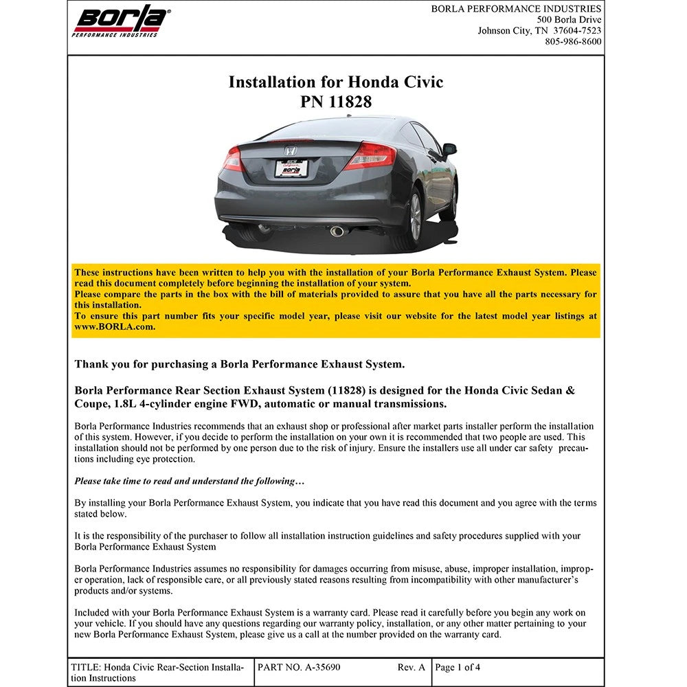 Borla Axle-Back Exhaust System - S-Type | 2012-2015 Honda Civic 1.8L (11828)