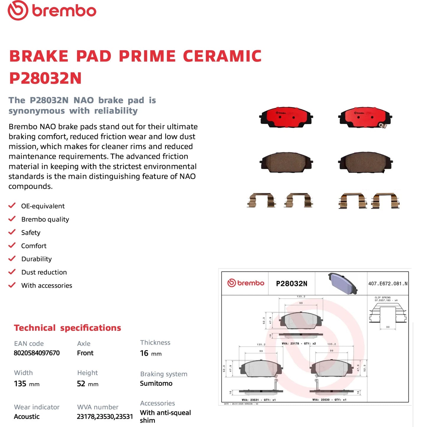 Brembo OE Front Premium NAO Ceramic Brake Pads | Acura RSX (02-06) / Honda Civic (06-11) / S2000 (00-09) (P28032N)