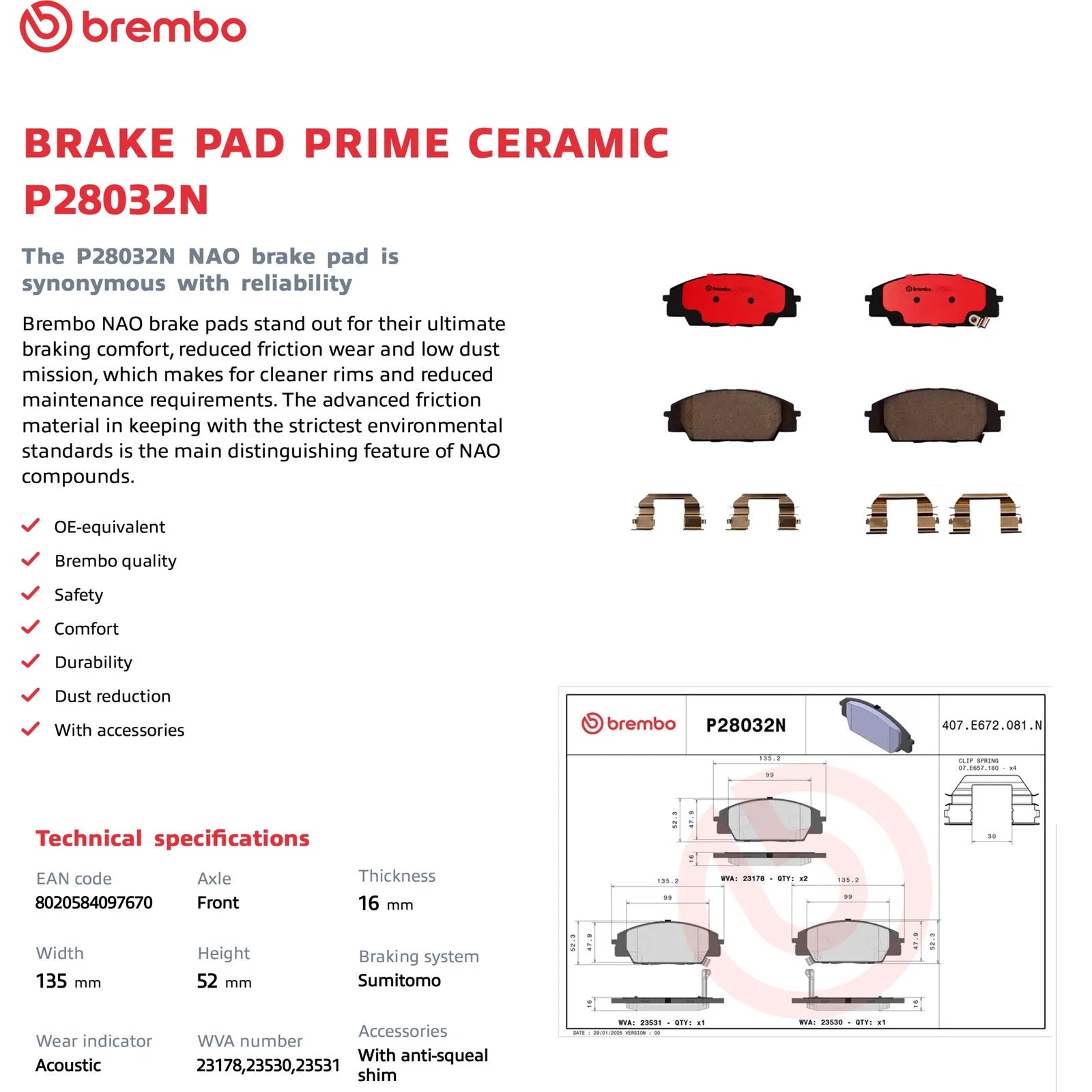 Brembo OE Front Premium NAO Ceramic Brake Pads | Acura RSX (02-06) / Honda Civic (06-11) / S2000 (00-09) (P28032N)